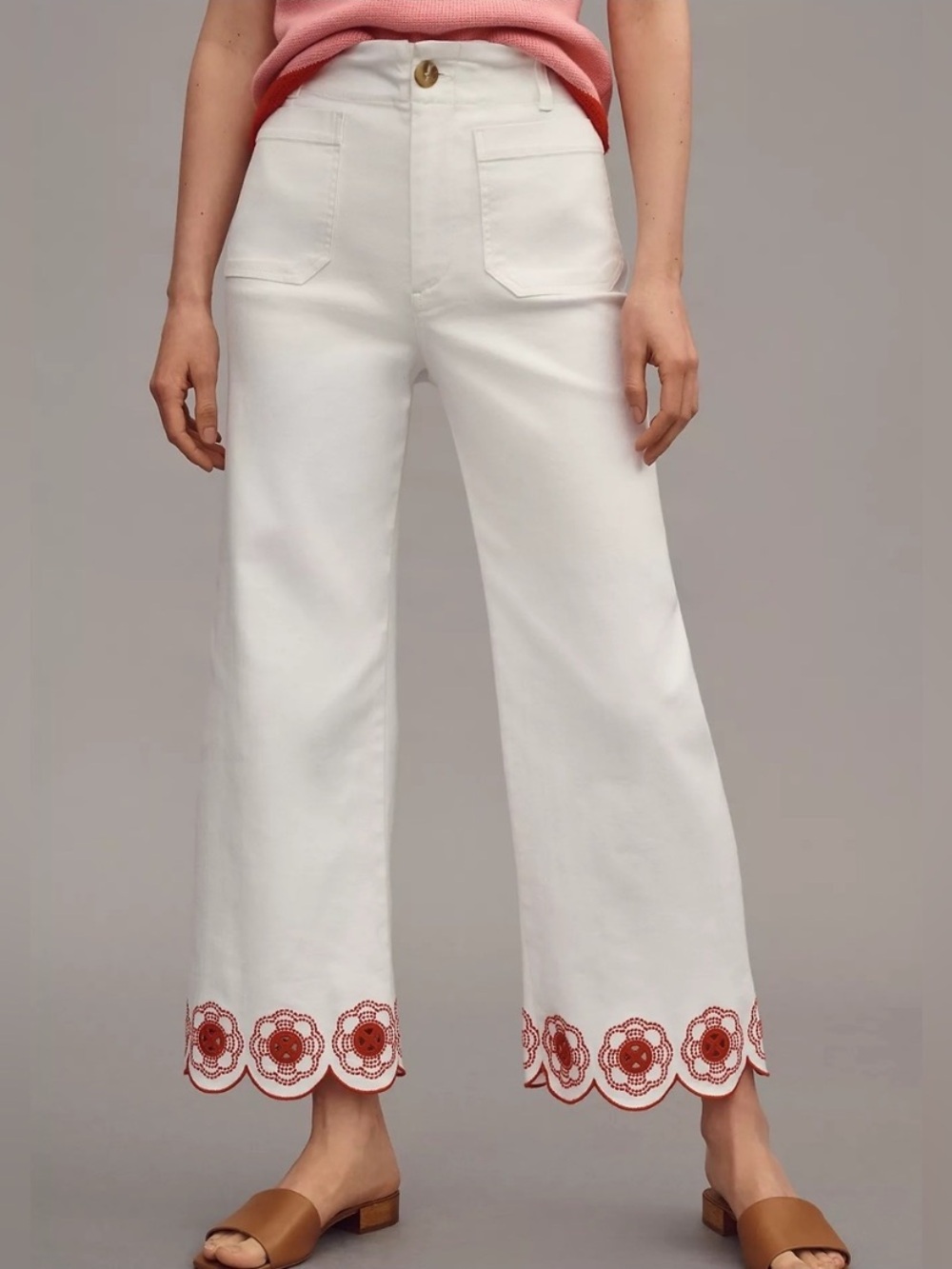 MAEVE Jeans Colette NEW Wide Leg Scalloped Embroidered Floral Hem White Red 24P